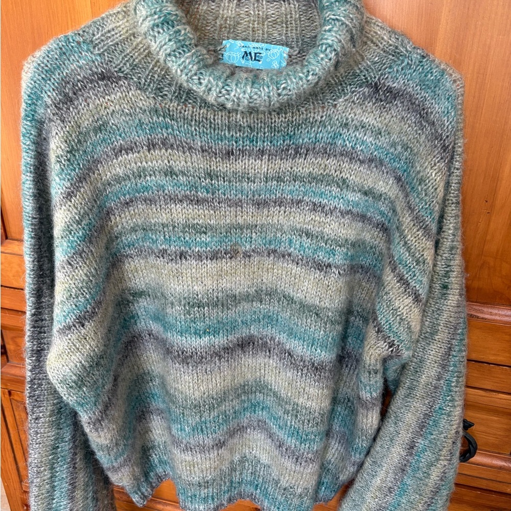 Hand knitted beautiful and cozy Striped Cowl Neck Sweater in Teal and Gray